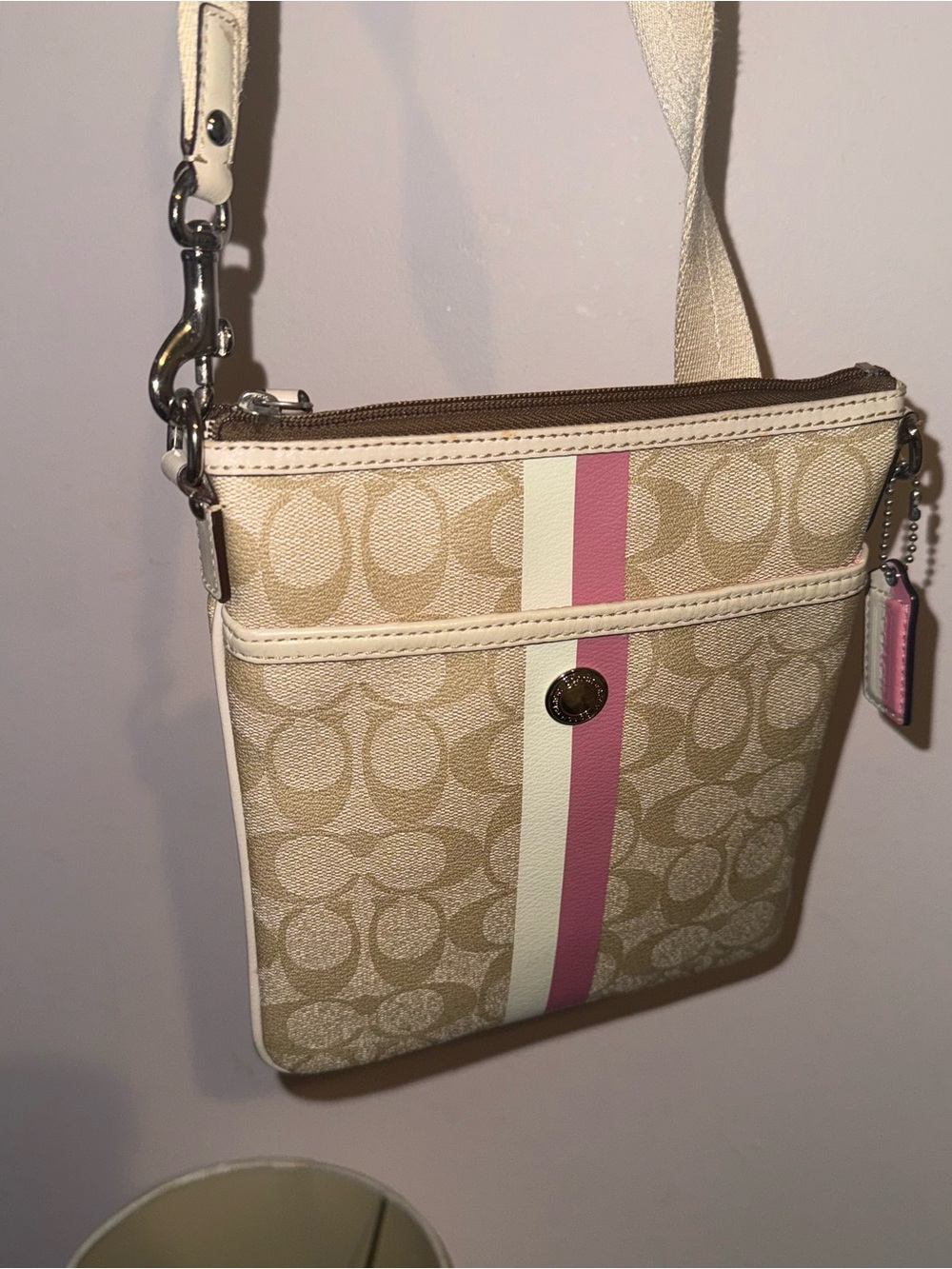 Coach Khaki Canvas Crossbody with Pink and Cream Stripe
